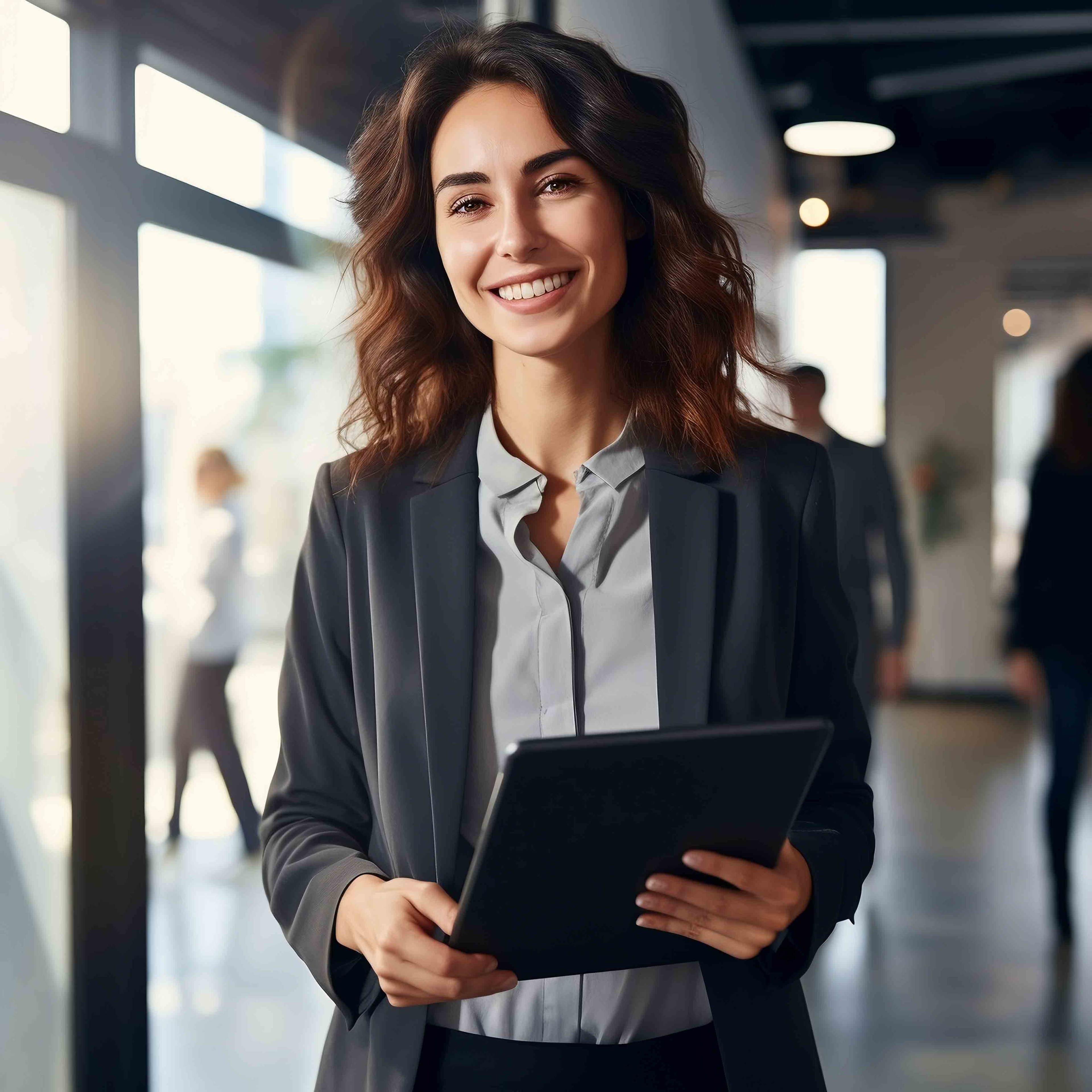 Rédactrice Agelo tablette à la main.